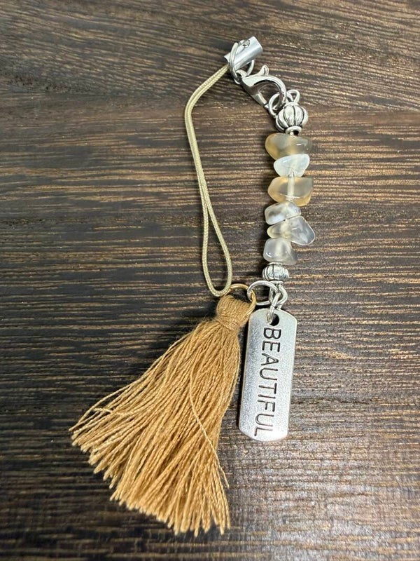 Charm - Smoky Quartz Chips, "Beautiful" Charm, Gold Tassel