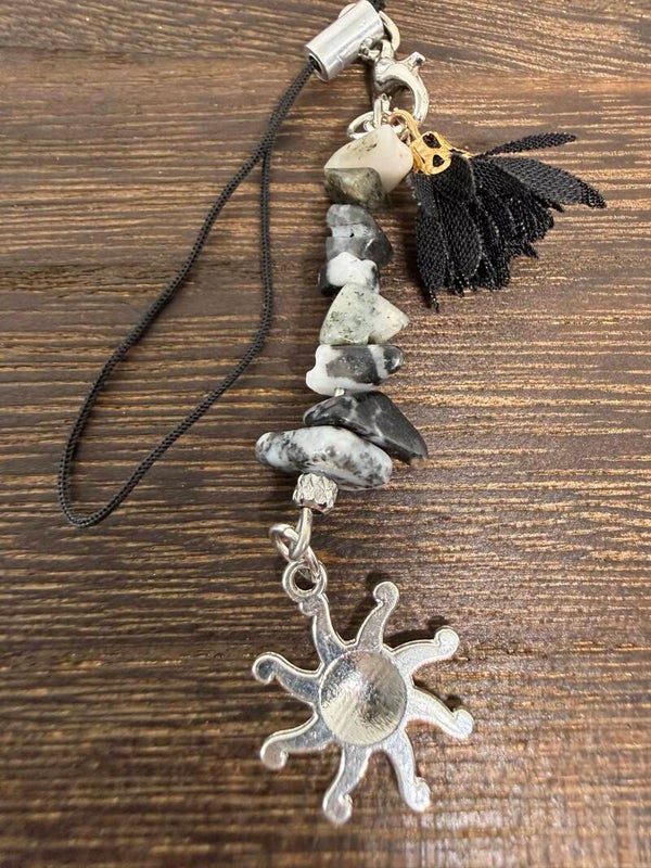 Charm - Zebra Jasper Chips, Silver Sun Charm, Black Flower Tassel