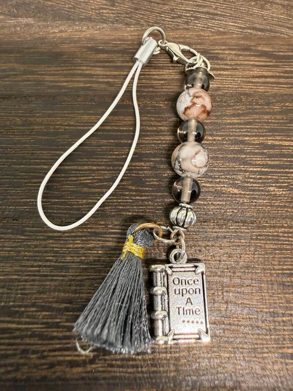 Charm - Smokey Quartz, Glass Beads, "Once Upon A Time" Charm, Silver Tassel