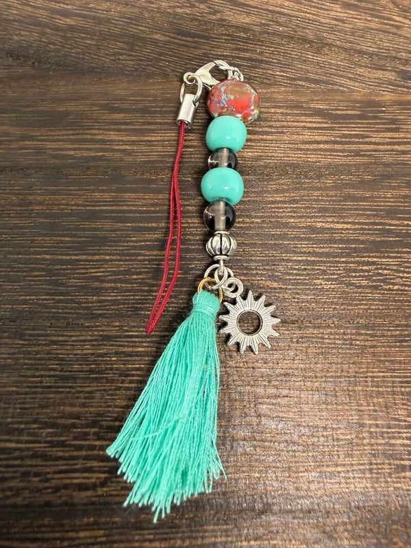 Charm - Smokey Quartz, Turquoise Glass Beads, Silver Charm and Turquoise Tassel
