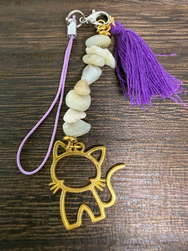Charm - Caribbean Calcite Chips, Gold Cat Charm, Purple Tassel