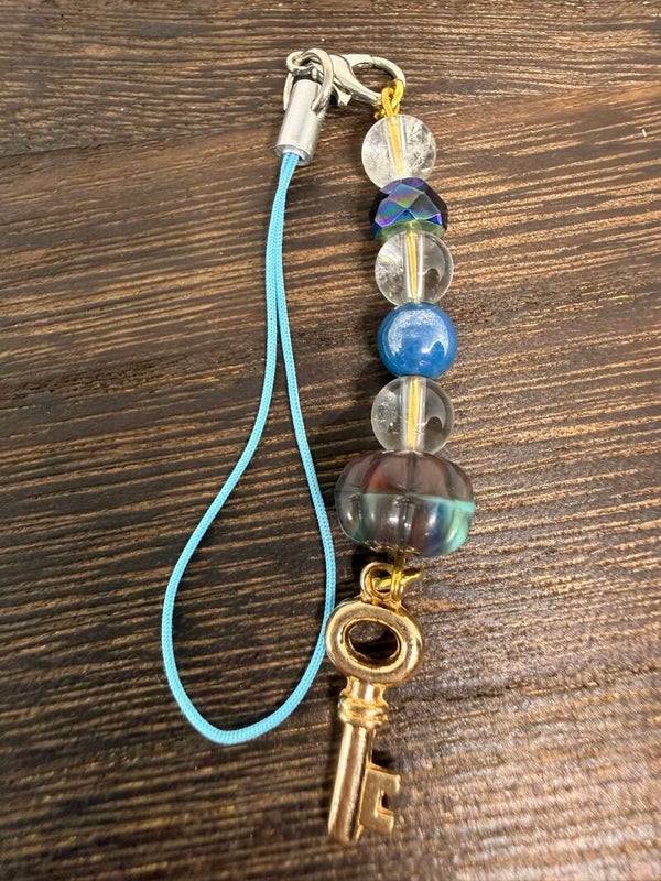 Charm - Clear Quartz, Mixed Glass Beads, Gold Key Charm