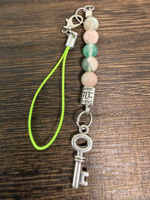 Charm - Green Flower Agate, Silver Key Charm