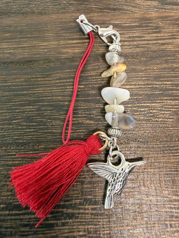 Charm - Botswana Agate, Hummingbird Charm, Red Tassel