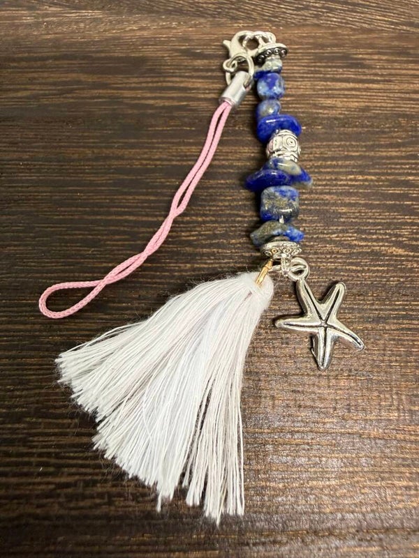 Charm - Lapis Lazuli Chips, Starfish Charm, White Tassel