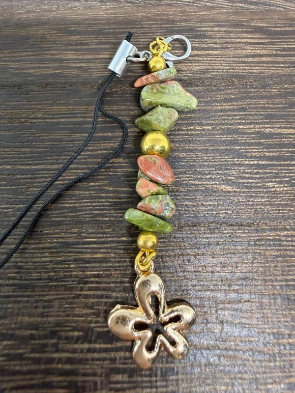 Charm - Unakite Chips, Gold Flower Charm