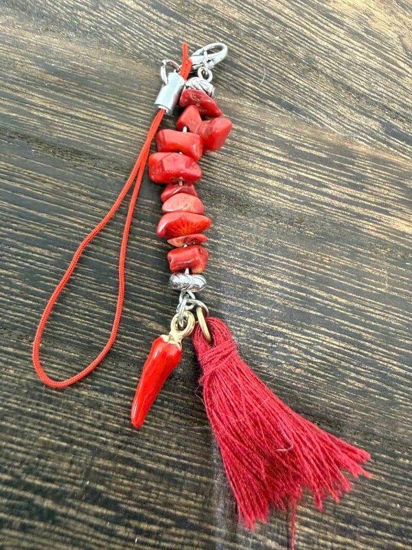 Charm - Red Jasper Chips, "Cornicello" (Red Chili Pepper) Charm, Red Tassel