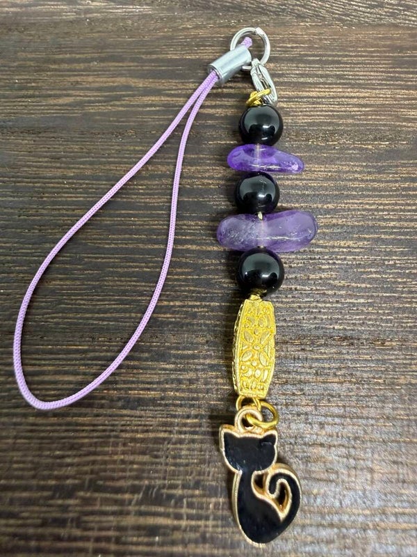 Charm - Amethyst Chips, Black Onyx Beads, Black Enamel Cat Charm