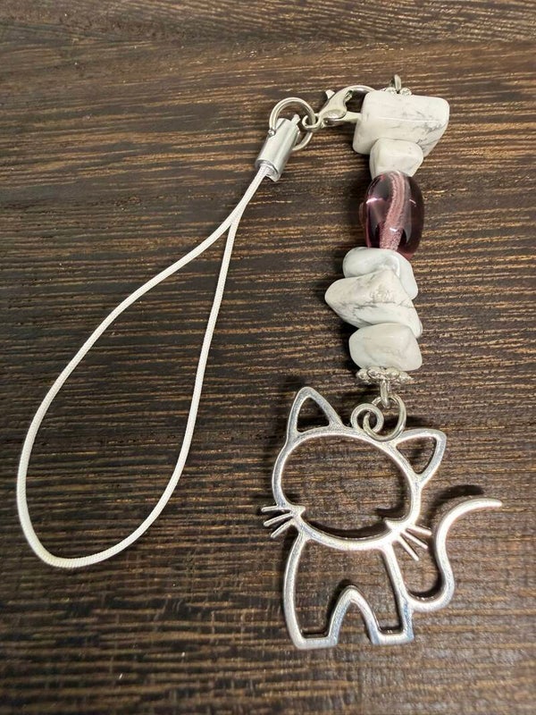 Charm - Howlite Chips, Glass Bead, Silver Cat Charm
