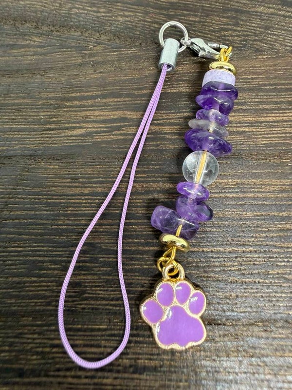 Charms - Amethyst Chips, Clear Quartz Beads, Purple Enamel Paw Charm