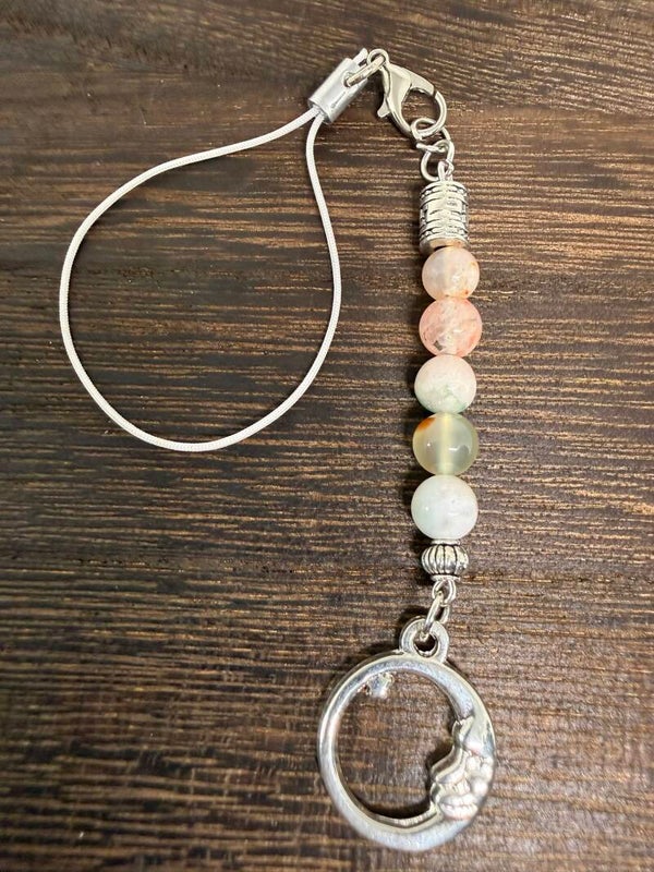 Charm - Flower Agate Beads, Silver Moon Charm