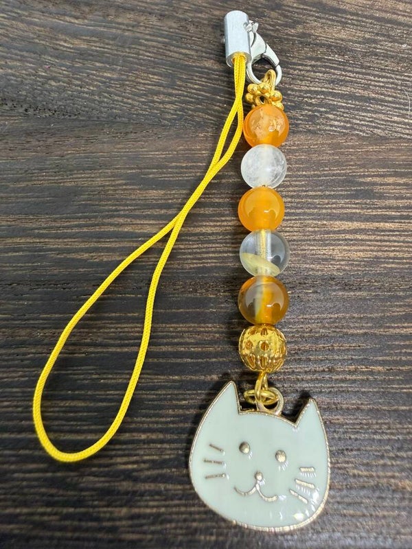 Charm - Orange Agate Beads, White Enamel Cat Face