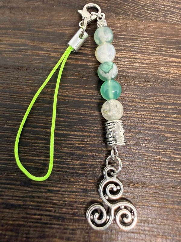 Charm - Green Flower Agate Beads, Triskelion Charm