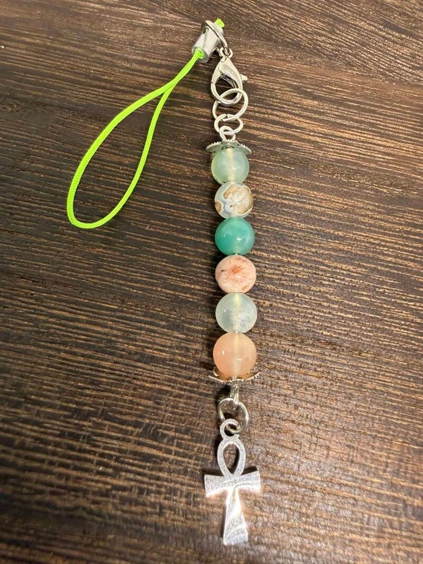 Charm - Green Flower Agate Beads, Silver Ankh