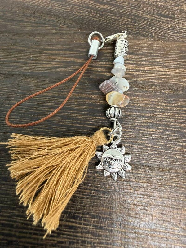 Charm - Botswana Agate Chips, Silver Starburst Charm, Gold Tassel