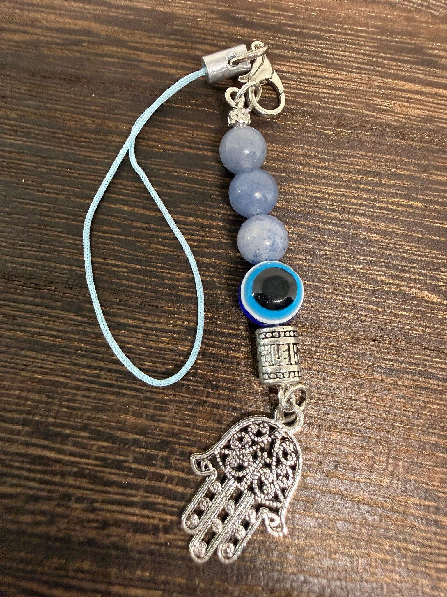 Charm - Blue Aventurine Beads, Nazar (Evil Eye), Silver Filigree Hamsa