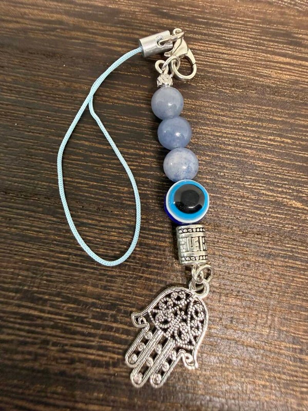 Charm - Blue Aventurine Beads, Nazar (Evil Eye), Silver Filigree Hamsa