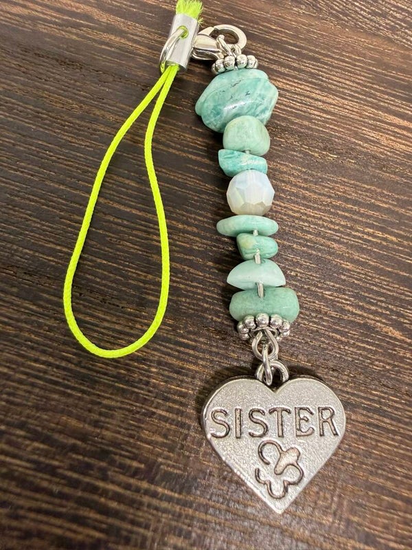 Charm - Amazonite Chips, Silver "Sister" Heart Charm