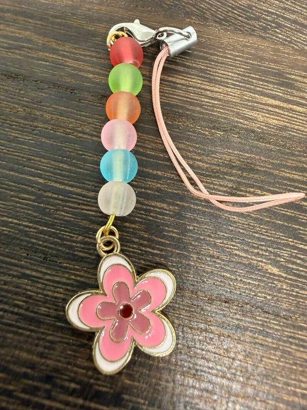 Charm - Mixed Color Glass Beads, Pink Enamel Flower Charm