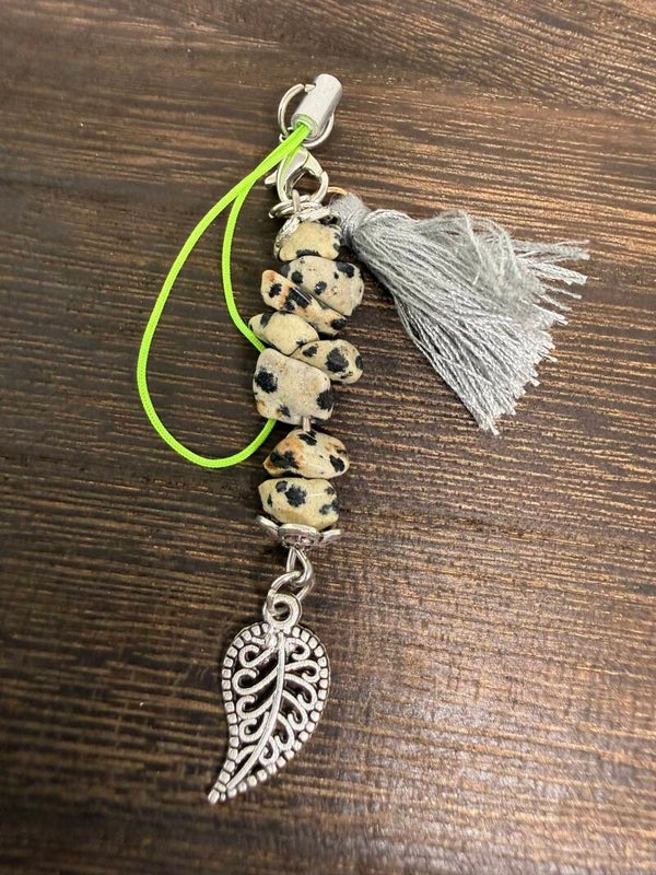 Charm - Dalmatian Jasper Chips, Silver Leaf Charm, Silver Tassel