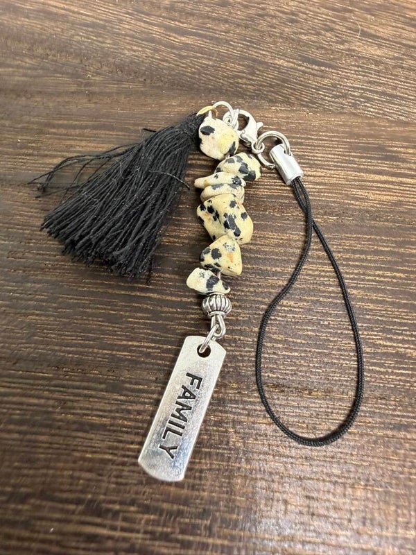 Charm - Dalmatian Jasper Chips, Silver "Family" Charm, Black Tassel
