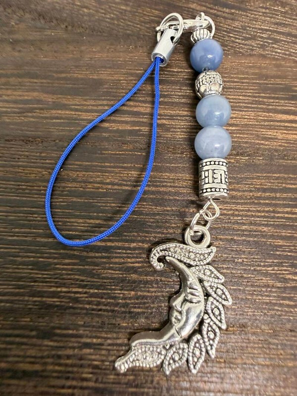Charm - Blue Aventurine Beads, Silver Filigree Half Moon Charm