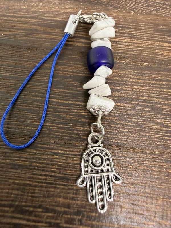 Charm - Howlite Chips, Cobalt Blue Glass Bead, Silver Hamsa Charm
