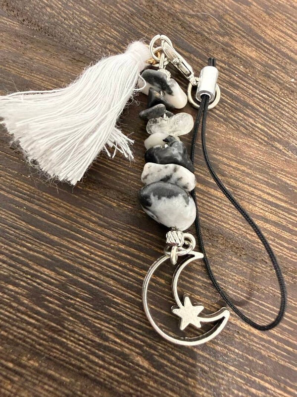 Charm - Zebra Jasper Chips, Silver Halfmoon with star Charm, White Tassel