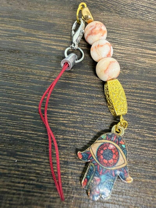 Charm - Matte Pink Jasper Beads, Colorful Hamsa Charm