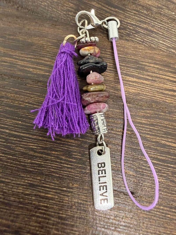 Charms - Rhodonite Chips, Silver "Believe" Charm, Purple Tassel