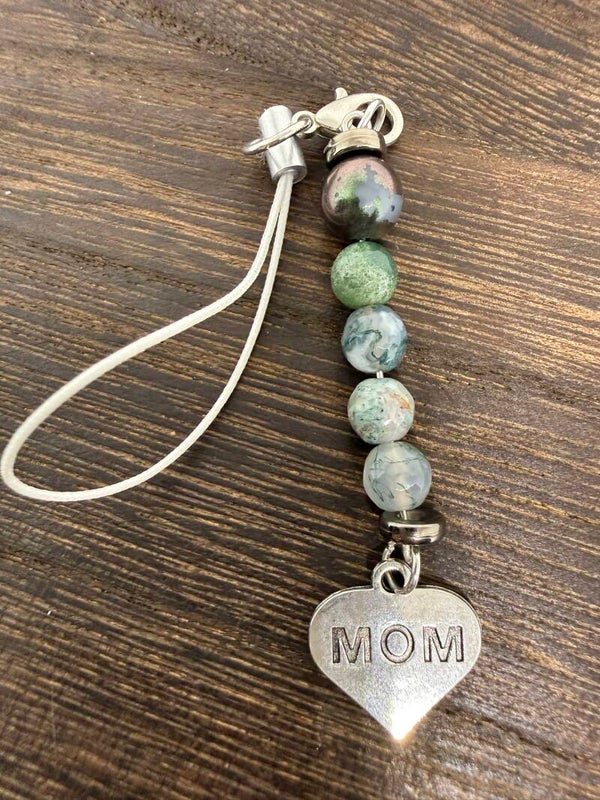 Charm - Moss Agate Beads, Silver "Mom" Heart Charm