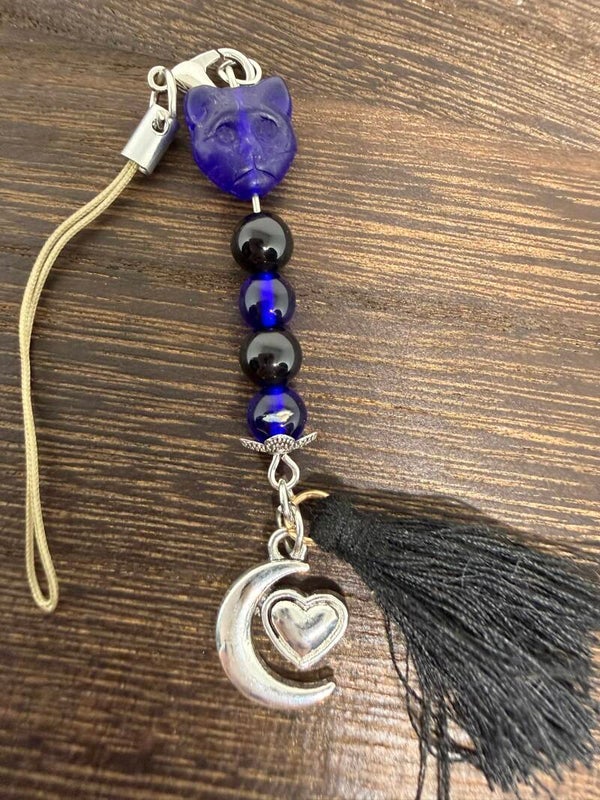 Charm - Black Onyx, Cobalt Blue Glass Cat Bead, Silver Halfmoon/Heart Charm