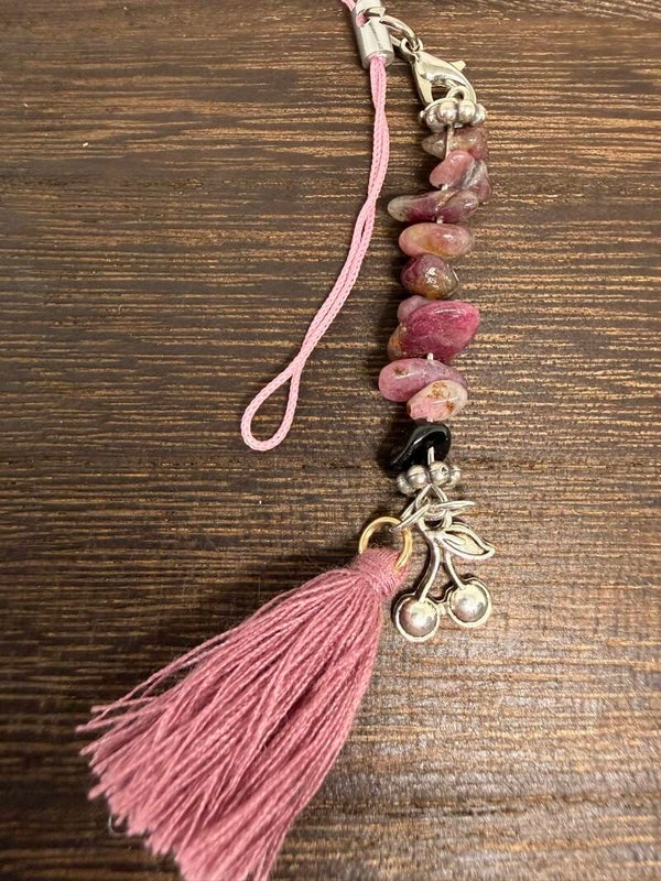 Charm - Rhodonite Chips, Silver Cherry Charm, Rose Tassel