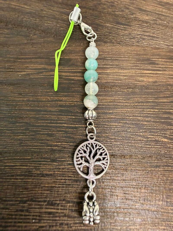 Charm - Green Flower Agate, Silver Tree of Life and Silver Charms