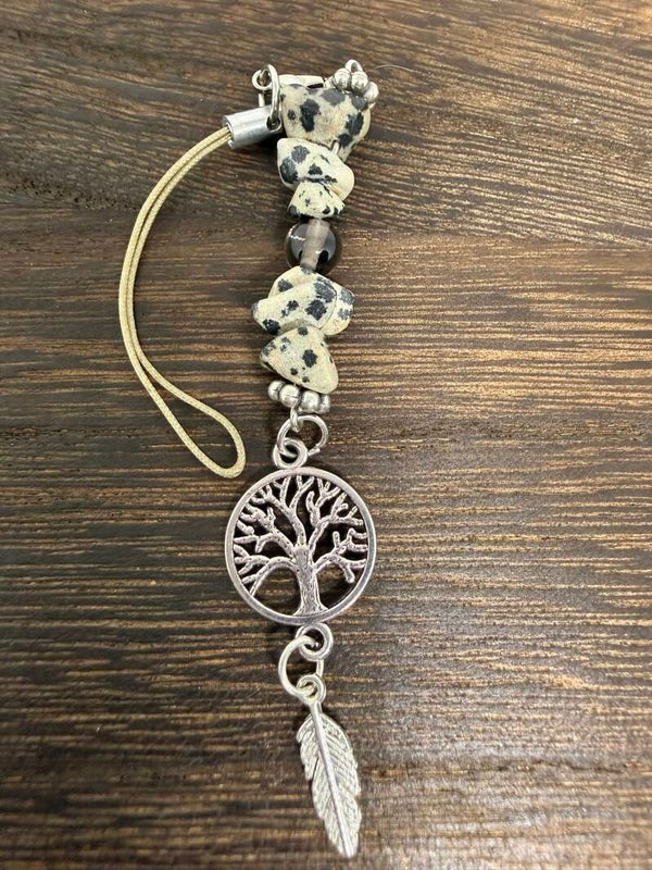 Charm - Dalmatian Jasper Chips, Silver Tree of Life and Leaf Charms