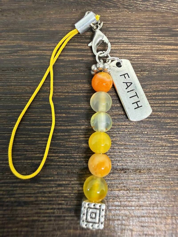 Charm - Orange Agate Beads, Silver "Faith" Charm