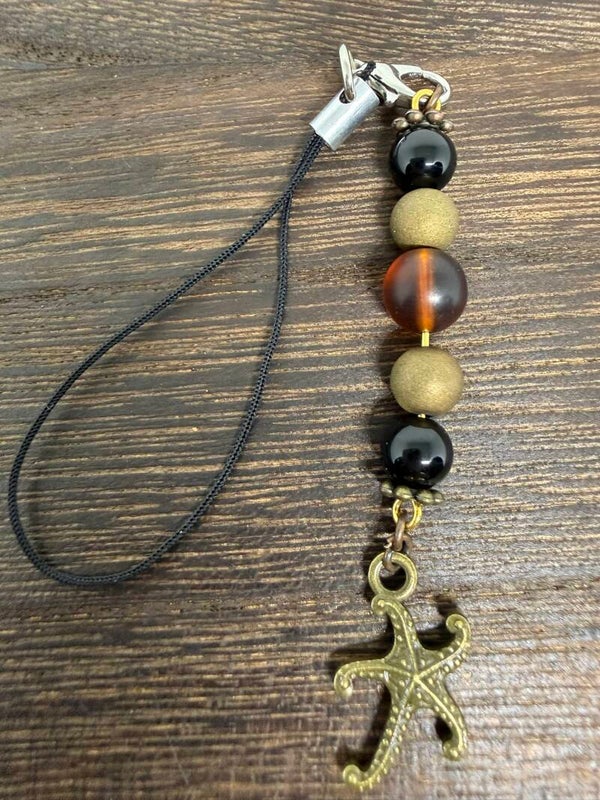 Charm - Black Onyx Beads, Gold Druzy Beads, Amber Glass, Antique Starfish Charm