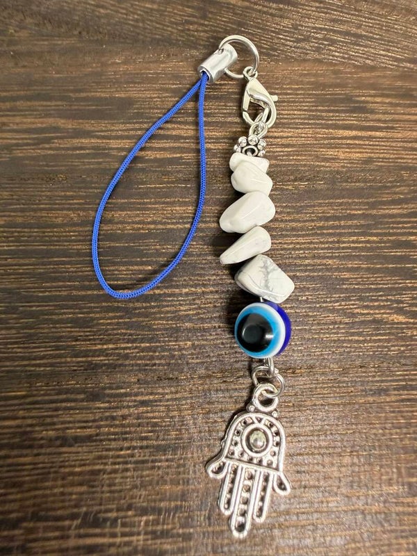 Charm - Howlite Chips, Nazar (Evil Eye) Bead, Silver Hamsa Charm
