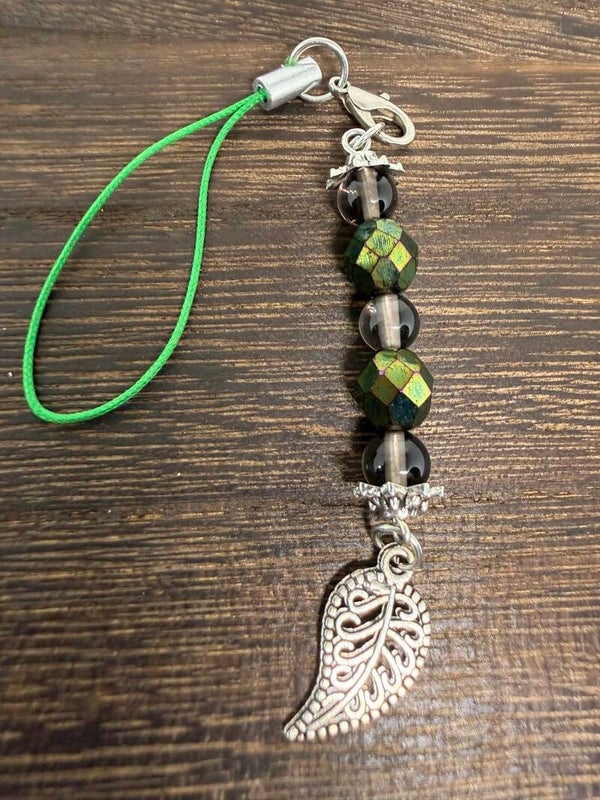 Charm - Smokey Quartz Beads, Green Glass Beads, Silver Leaf Charm