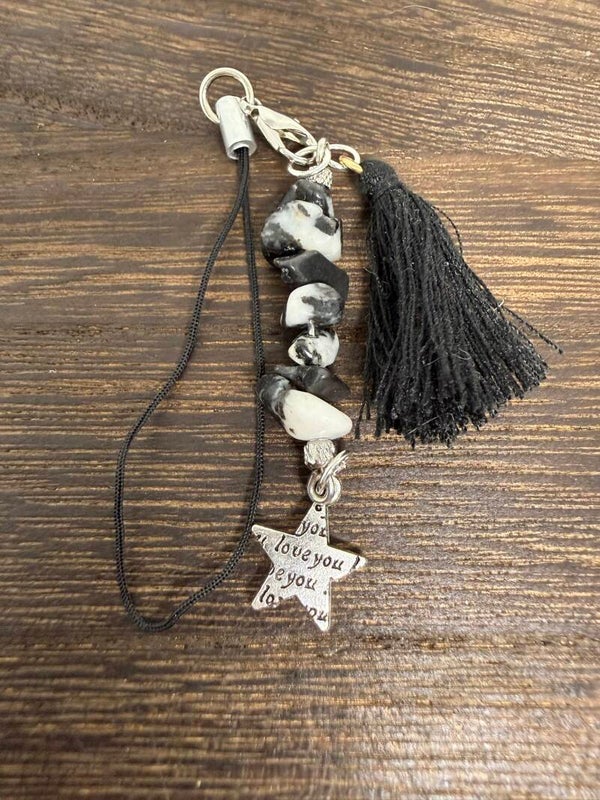 Charm - Zebra Jasper Chips, Silver "I Love You" Star Charm, Black Tassel