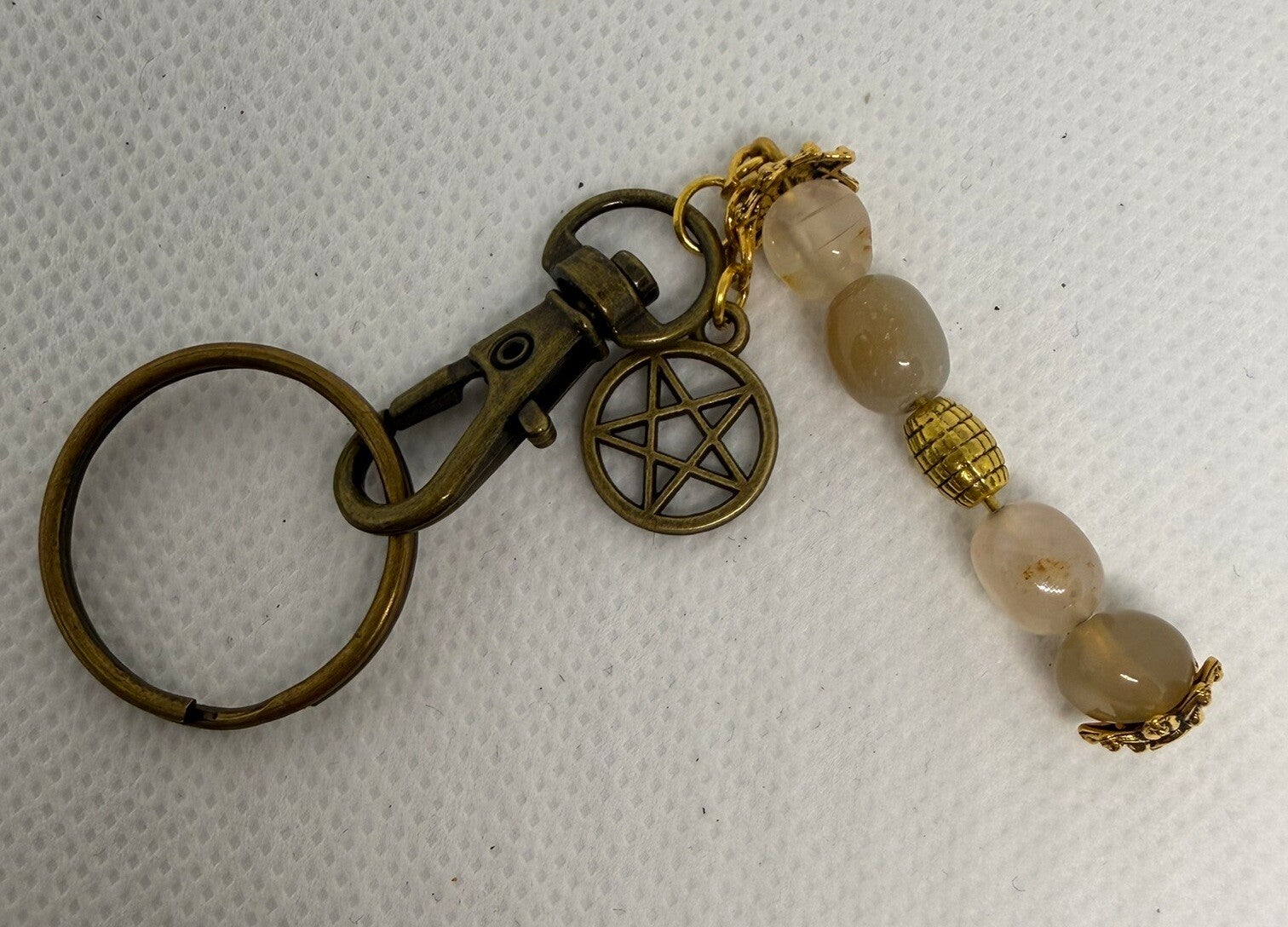 Keychain - Antique, Cream Agate, Pentacle Charm