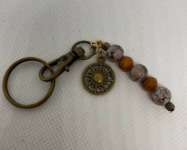 Keychain - Antique, grey Czech glass beads, wood beads, sun charm