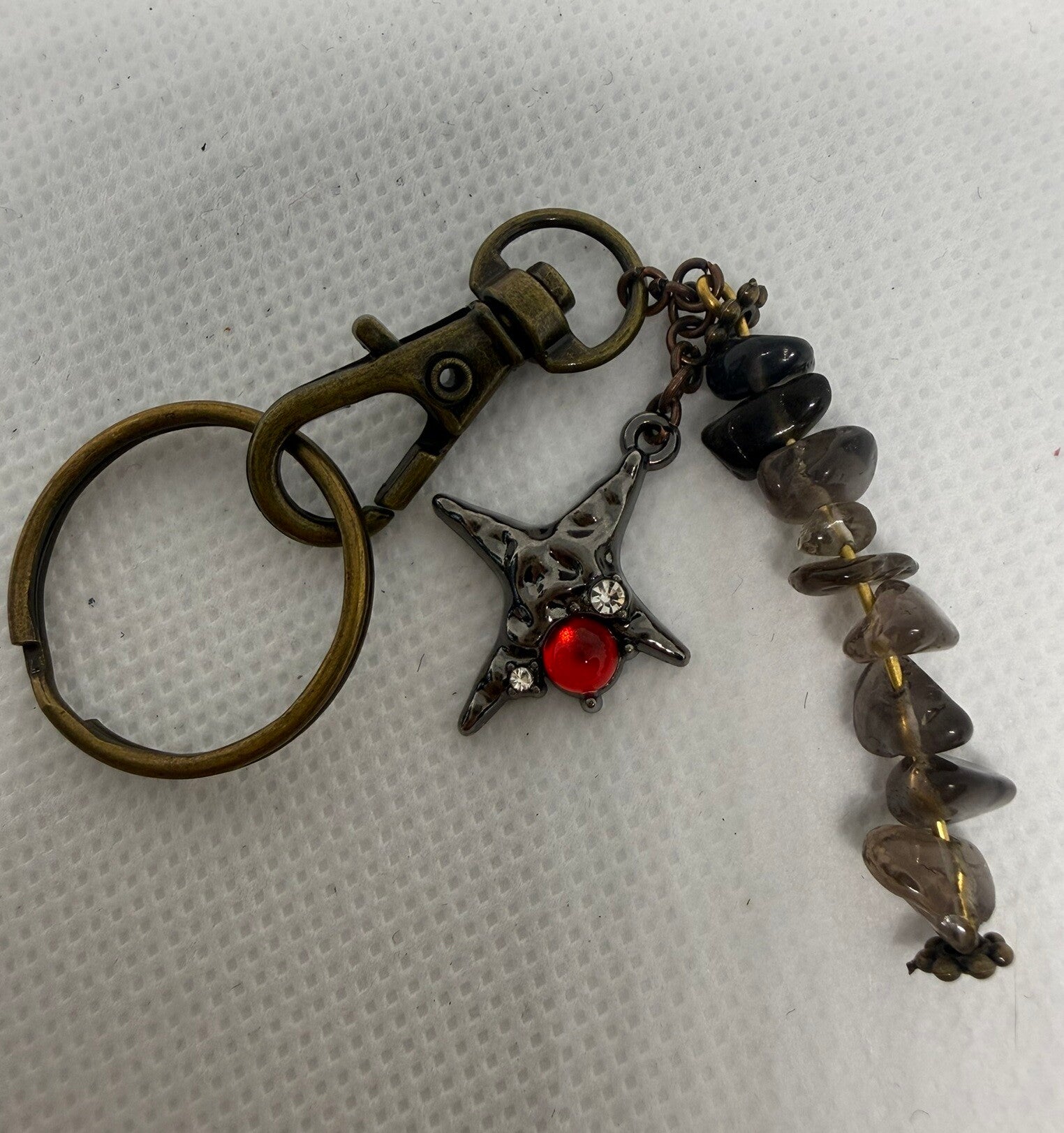Keychain - Antique, Smoky Quartz Chips, Gothic star charm