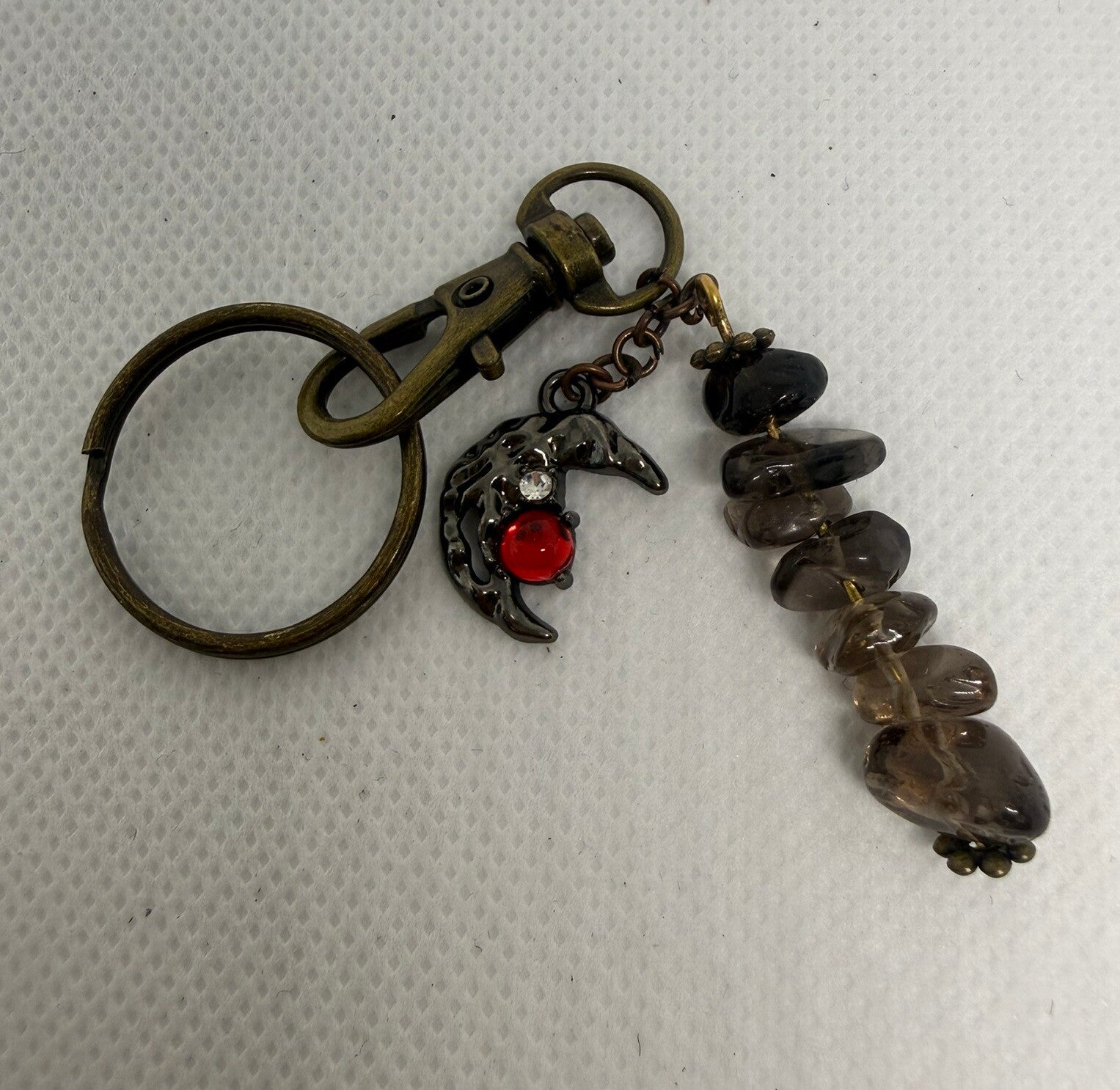 Keychain - Antique, Smoky Quartz Chips, Gothic Halfmoon Charm
