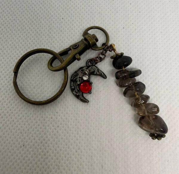 Keychain - Antique, Smoky Quartz Chips, Gothic Halfmoon Charm