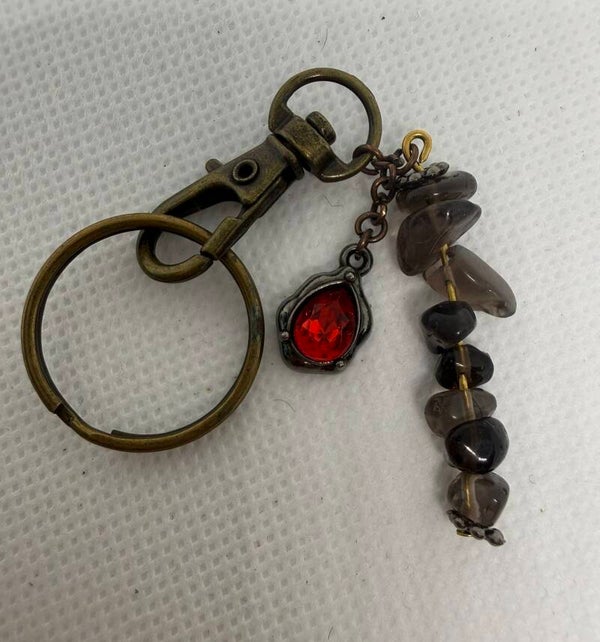 Keychain, Antique, Smoky Quartz Chips, Gothic Teardrop Charm with a read bead