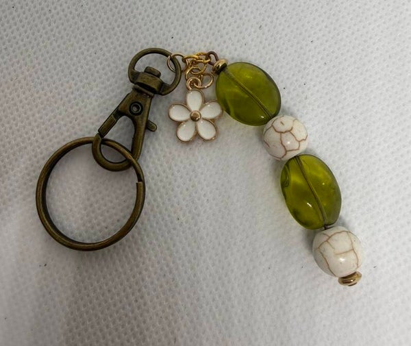 Keychain, Antique, White Turquoise and Green Oval Czech Beads, Enamel White Flower Charm