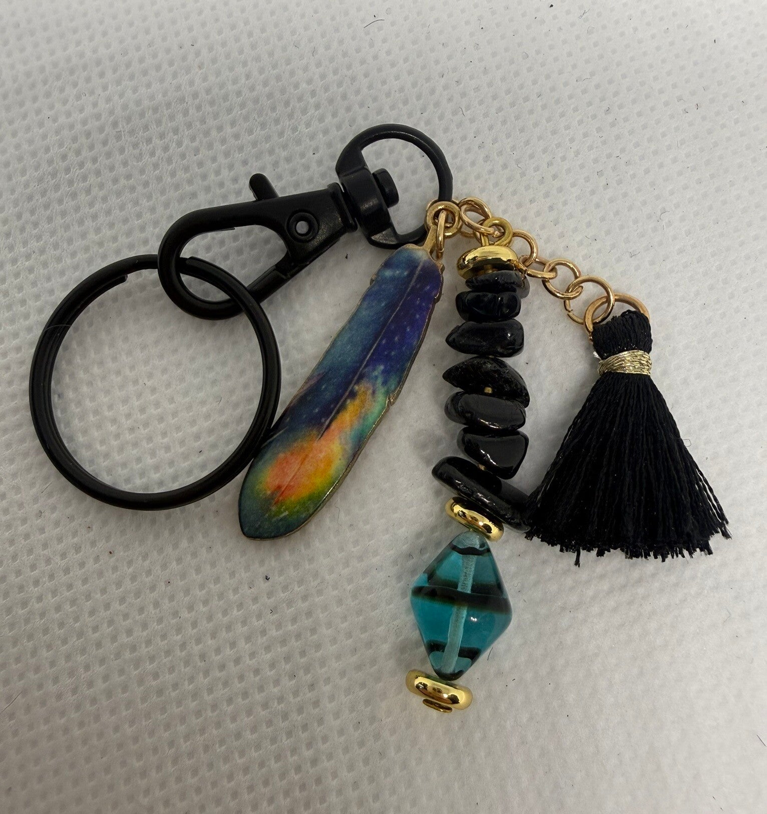 Keychain - Black Tourmaline Chips, Black Tassel and Feather Charm