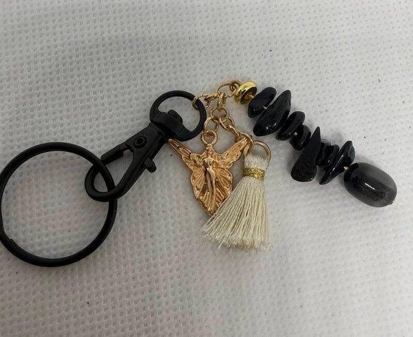 Keychain - Black, Black Tourmaline, Gold Angel Charm, Cream Tassel