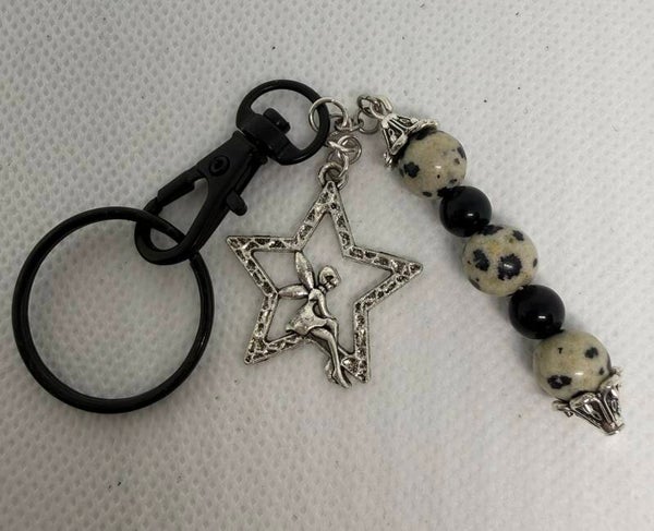 Keychain - Black, Dalmatian Jasper and Onyx, Silver Star Fairy Charm
